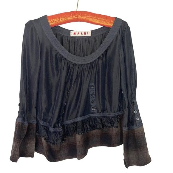 Marni Womens Top Size Small Cropped Bell Sleeve Flannel Ruffle Black Brown Plaid - Picture 1 of 15